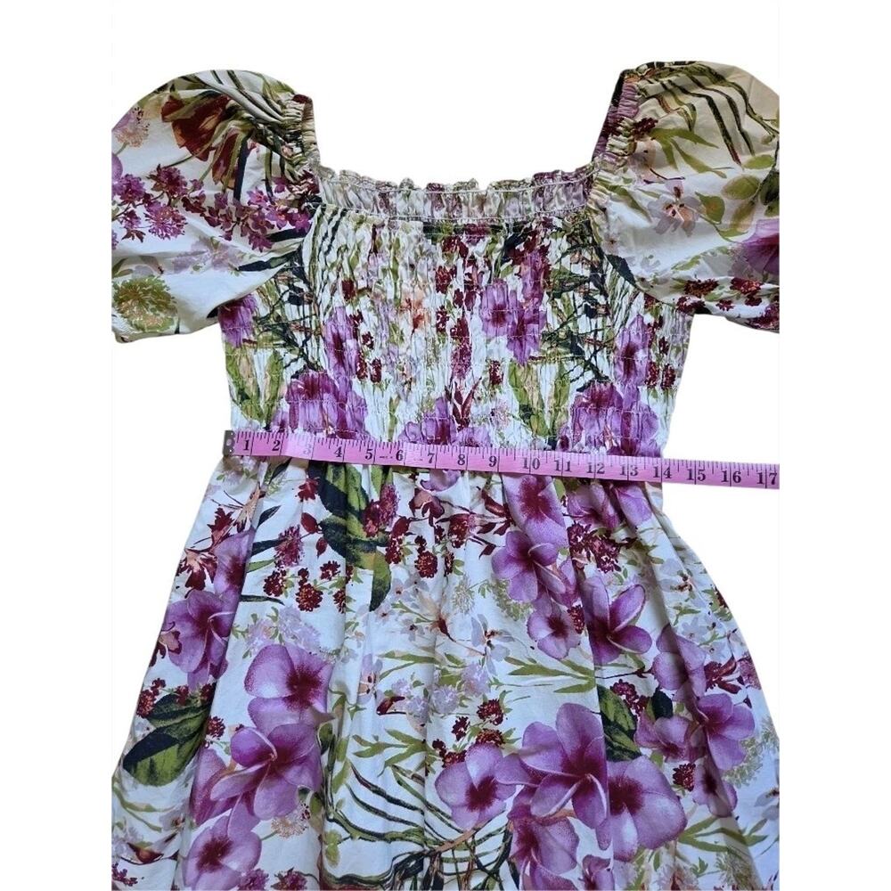 Floral Cotton Mini Dress Tropical Resort Smocked Off Shoulder Puff Sleeve Fits M - Picture 7 of 8